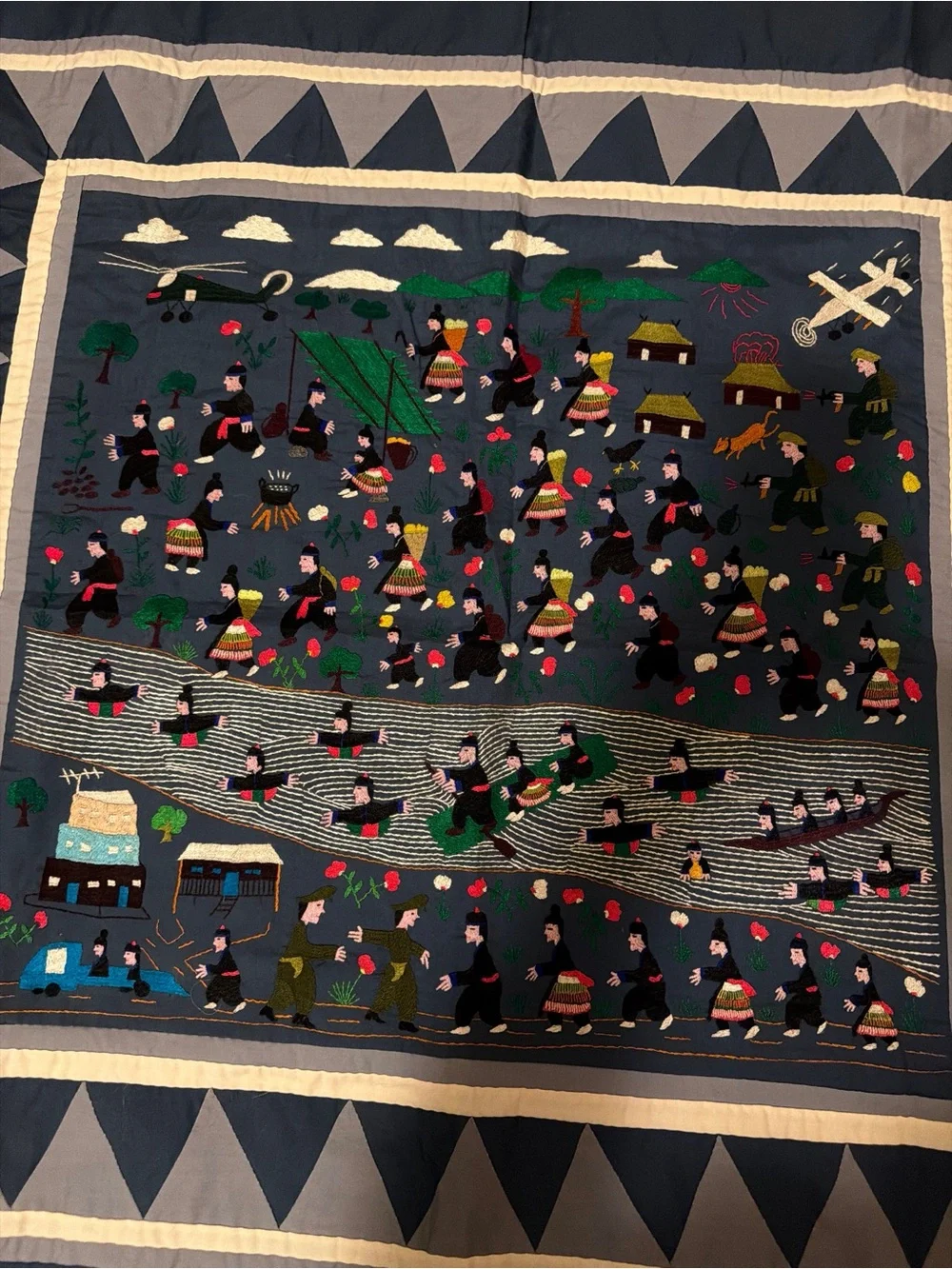 Vintage Hmong Story Cloth Embroidered Wall Hanging Paj Ntaub Folk Art Textile